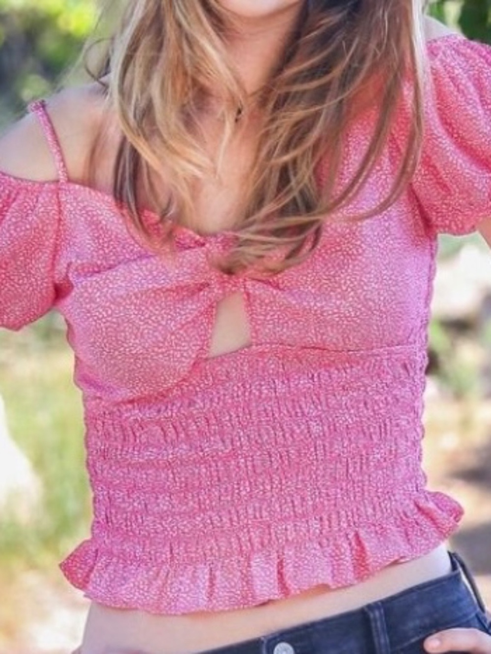 SIENNA SKY Cottagecore Pink Smocked Peplum Top - Size Small